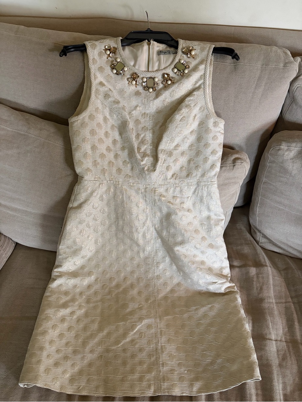 Sleeveless Cream Textured Jewel-Neck Dress